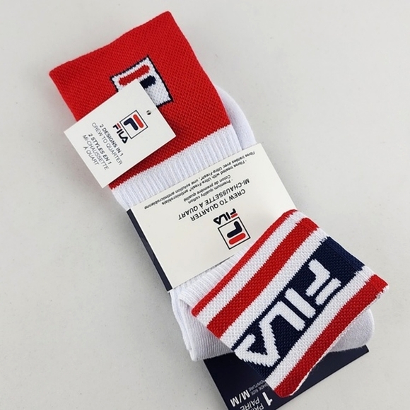 ⭐3/ $30⭐ FILA Heritage Unisex 2 Design In 1 Crew To Quarter Socks White Red - Picture 3 of 8